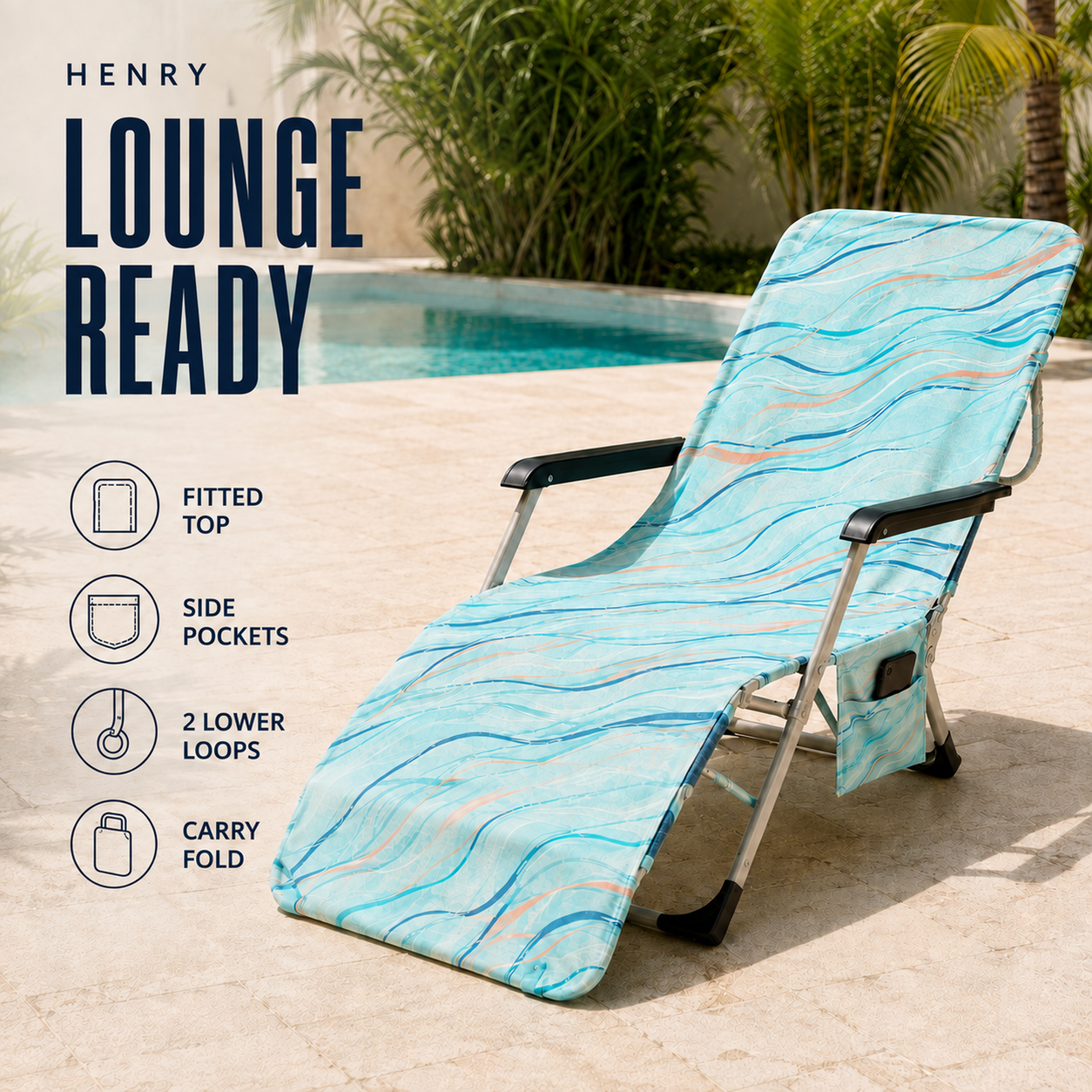 Fitted lounge-chair towel cover with an original aqua and blue coastal-line pattern, twin side pockets, two lower loops and a folded shoulder-bag state beside a pool