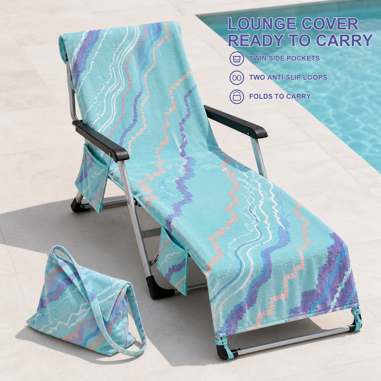 Fitted lounge-chair towel cover with an original aqua and blue coastal-line pattern, twin side pockets, two lower loops and a folded shoulder-bag state beside a pool