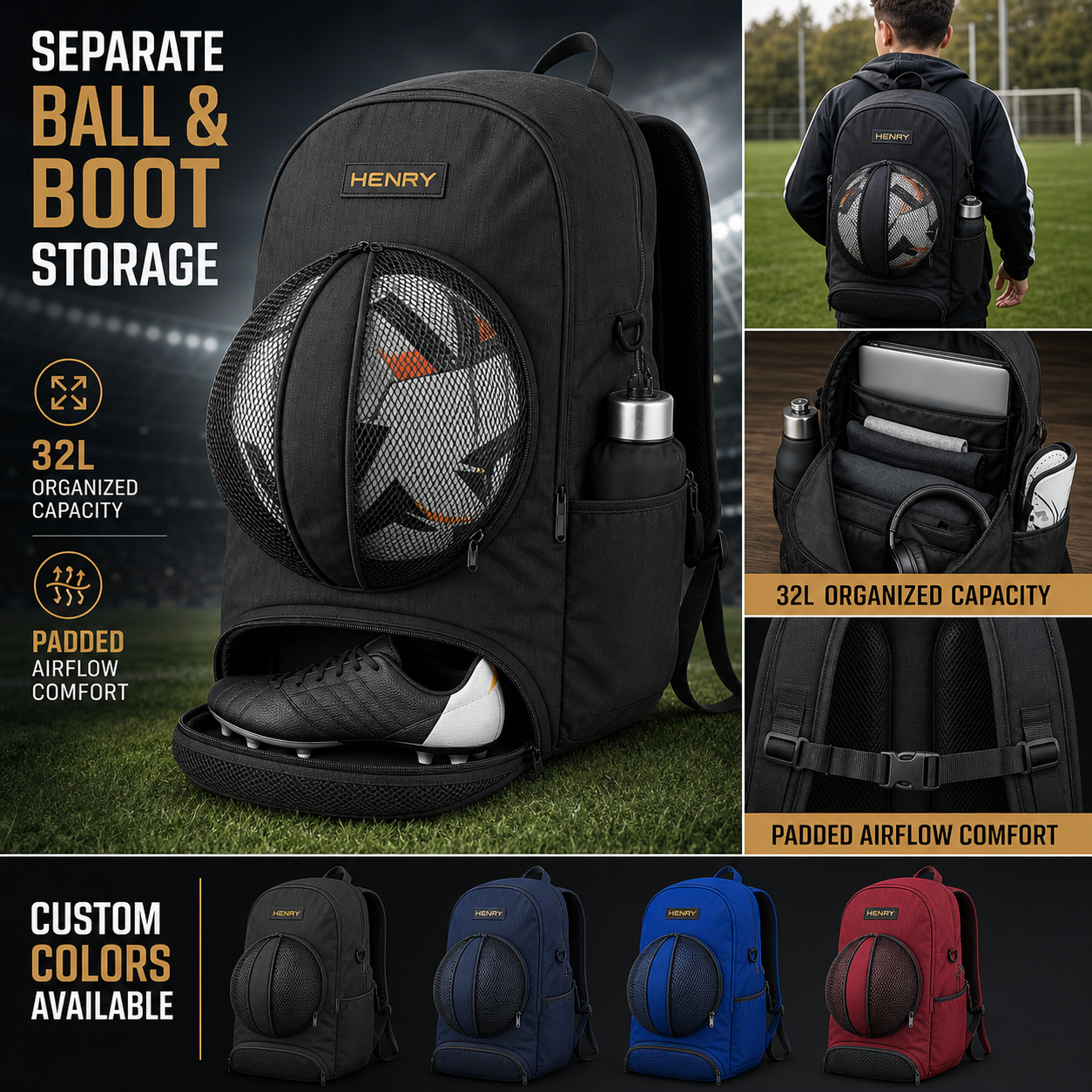 HENRY custom football backpack with ventilated ball compartment, separate boot storage and custom colour options