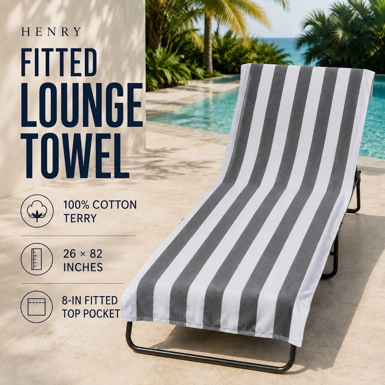HENRY GOOD Custom Gray Stripe Cotton Lounge-Chair Towel Cover Gray stripe 26 × 82 in terry cotton lounge-chair towel cover with an 8-in fitted top pocket