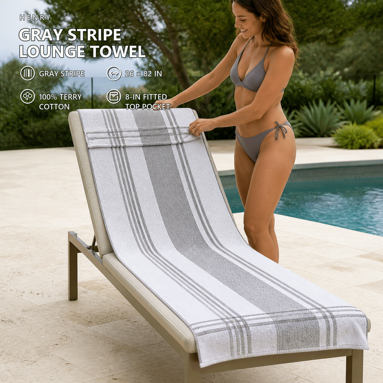 HENRY GOOD Custom Gray Stripe Cotton Lounge-Chair Towel Cover Gray stripe 26 × 82 in terry cotton lounge-chair towel cover with an 8-in fitted top pocket