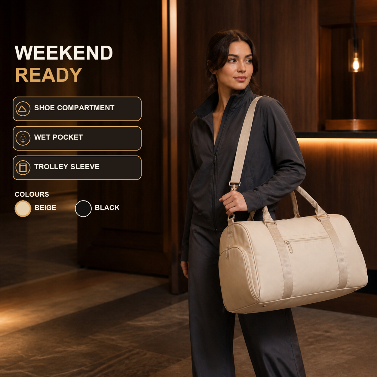 HENRY GOOD Custom Lightweight Foldable Weekend Duffel Beige foldable weekend duffel with separate shoe storage, wet pocket, trolley sleeve and removable shoulder strap
