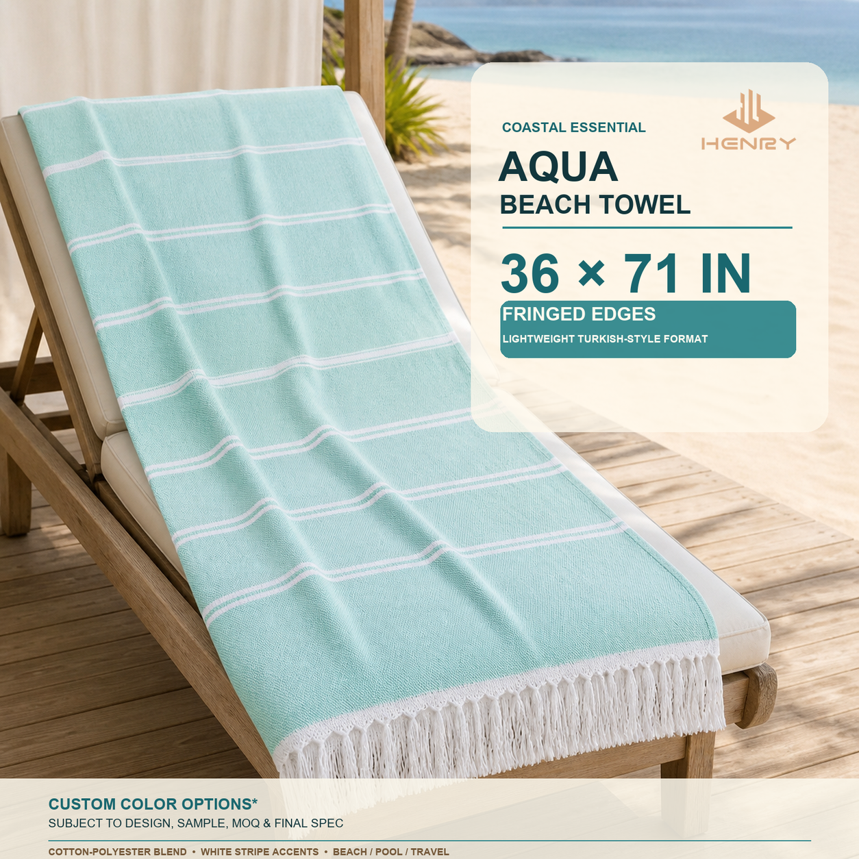 Aqua lightweight Turkish-style beach towel with thin white stripe accents and white fringe on a beach lounge