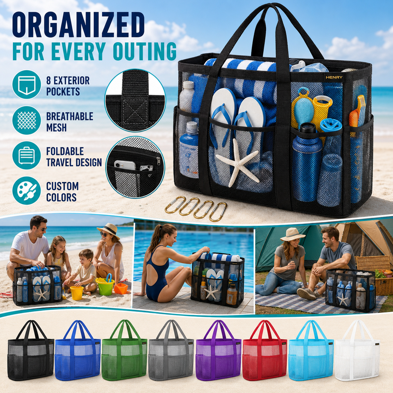 Custom black mesh beach tote with eight exterior pockets, reinforced handles, beach and pool use scenes, and multiple color options