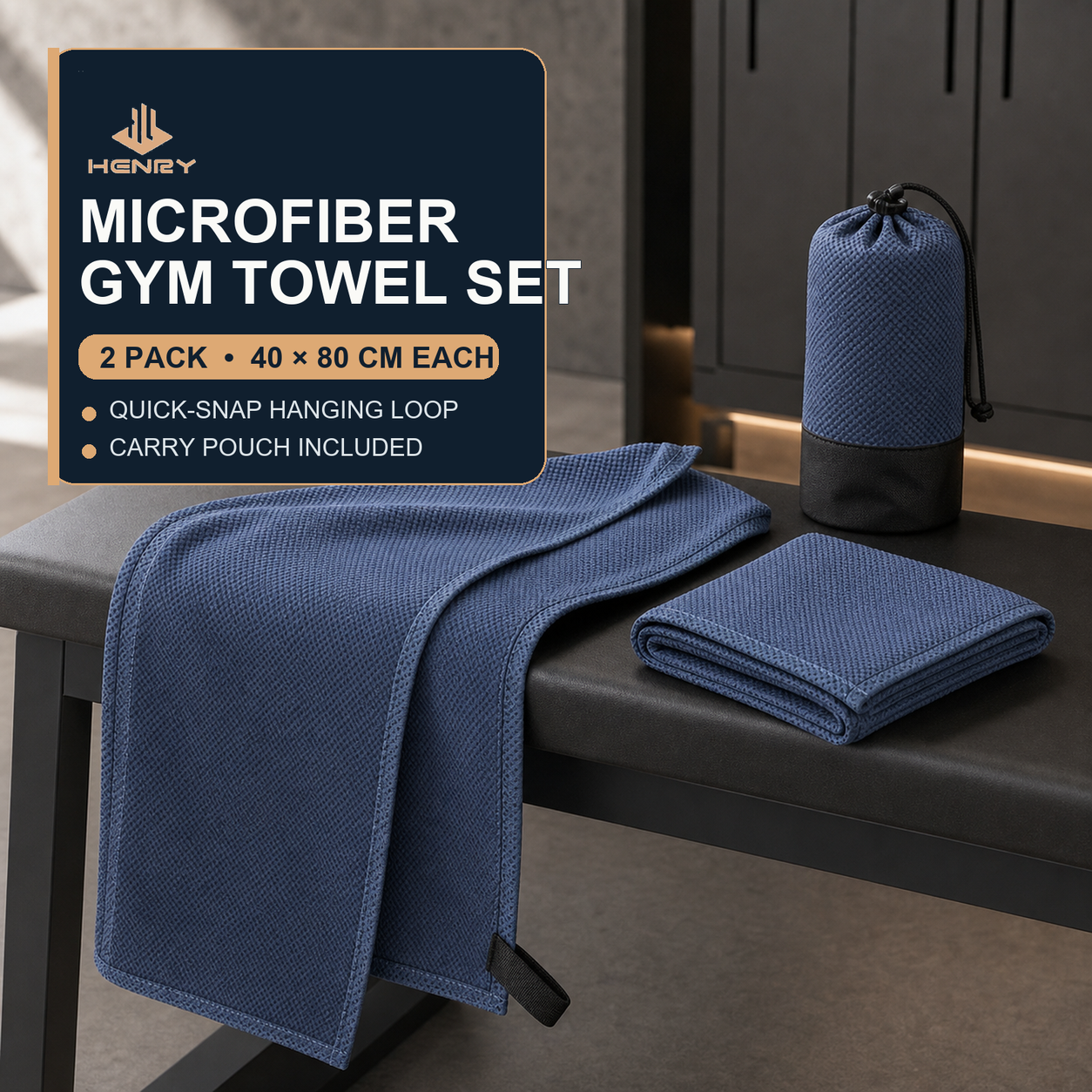 HENRY GOOD Custom Microfiber Gym Towel Set Two navy microfiber gym towels with black snap hanging loops and a coordinating carry pouch