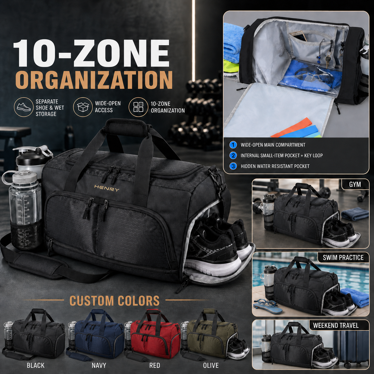 HENRY custom multi-compartment gym duffel with shoe storage, wet-item pocket, bottle holders, lifestyle scenes, and color options