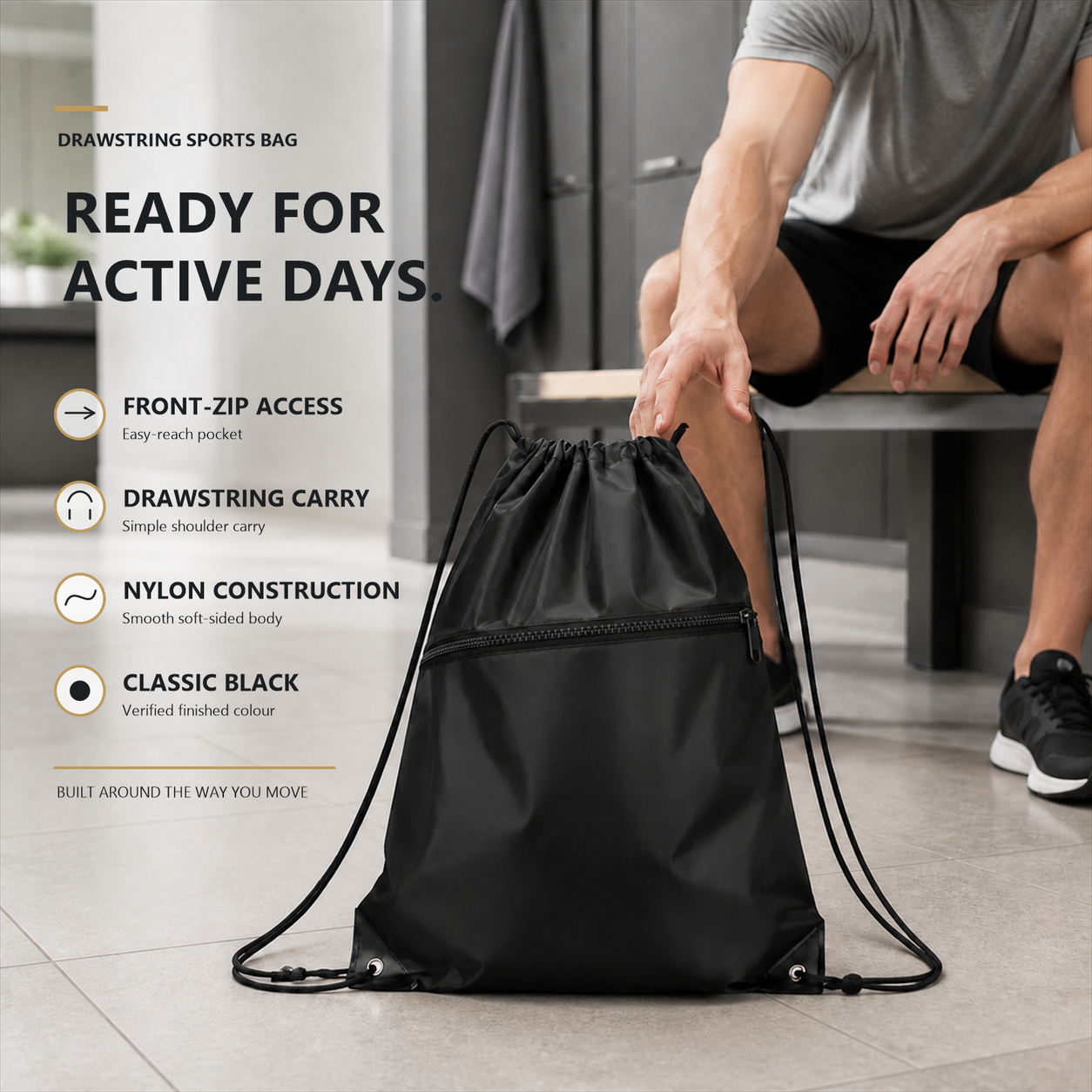Black nylon drawstring sports backpack with a horizontal front zip pocket, gathered top and dual drawcord shoulder straps in a gym setting