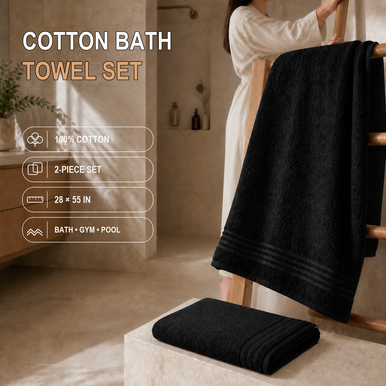 Black two-piece oversized cotton bath towel set arranged for a private-label program