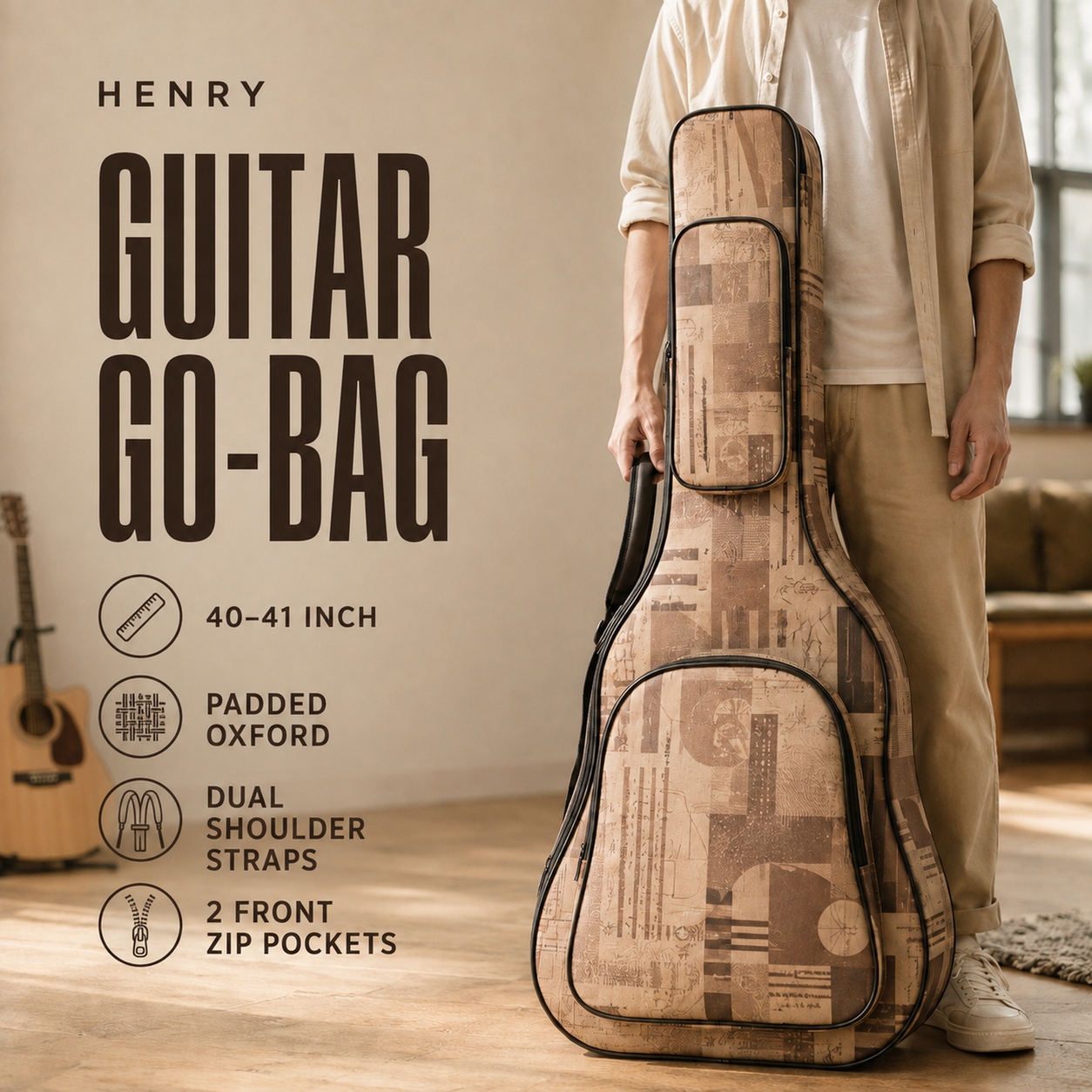 Warm tan and muted brown padded Oxford guitar gig bag for 40/41-inch guitars with black trim, dual shoulder straps and two front zip pockets