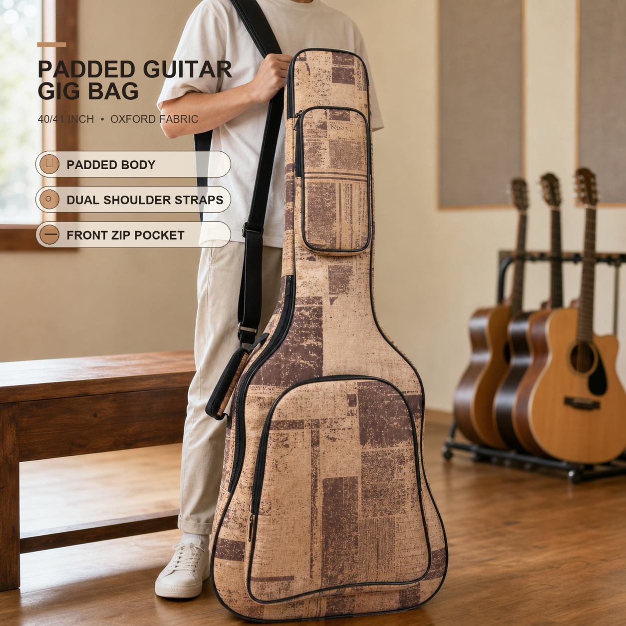 Warm tan and muted brown padded Oxford guitar gig bag for 40/41-inch guitars with black trim, dual shoulder straps and two front zip pockets