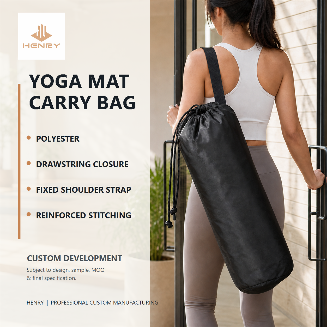 HENRY GOOD Custom Polyester Yoga Mat Carry Bag Black polyester yoga mat carry bag with drawstring closure and fixed shoulder strap
