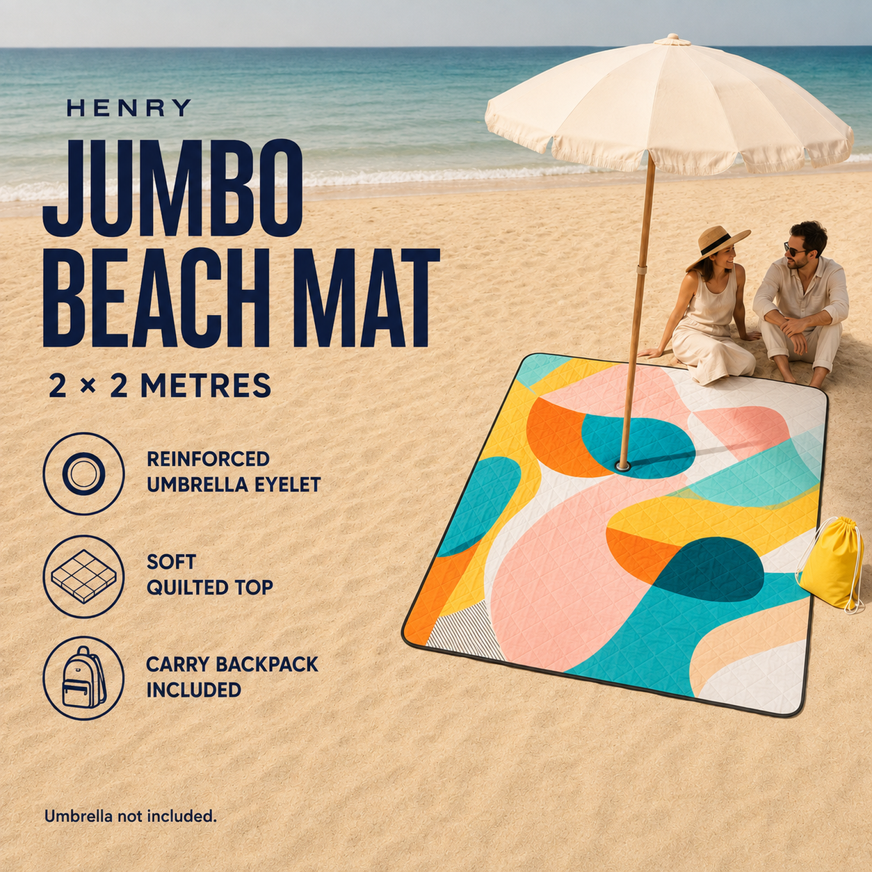 Custom quilted beach mat with umbrella eyelet and carry backpack Colorful quilted square beach mat with a reinforced umbrella eyelet and yellow drawstring carry backpack beside a beach umbrella.