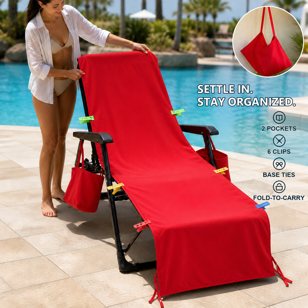 HENRY GOOD Custom Red Lounge Chair Towel Cover Red lounge chair towel cover with a top chair pocket, two side pockets, base ties, six clips and a small folded carry state beside a resort pool