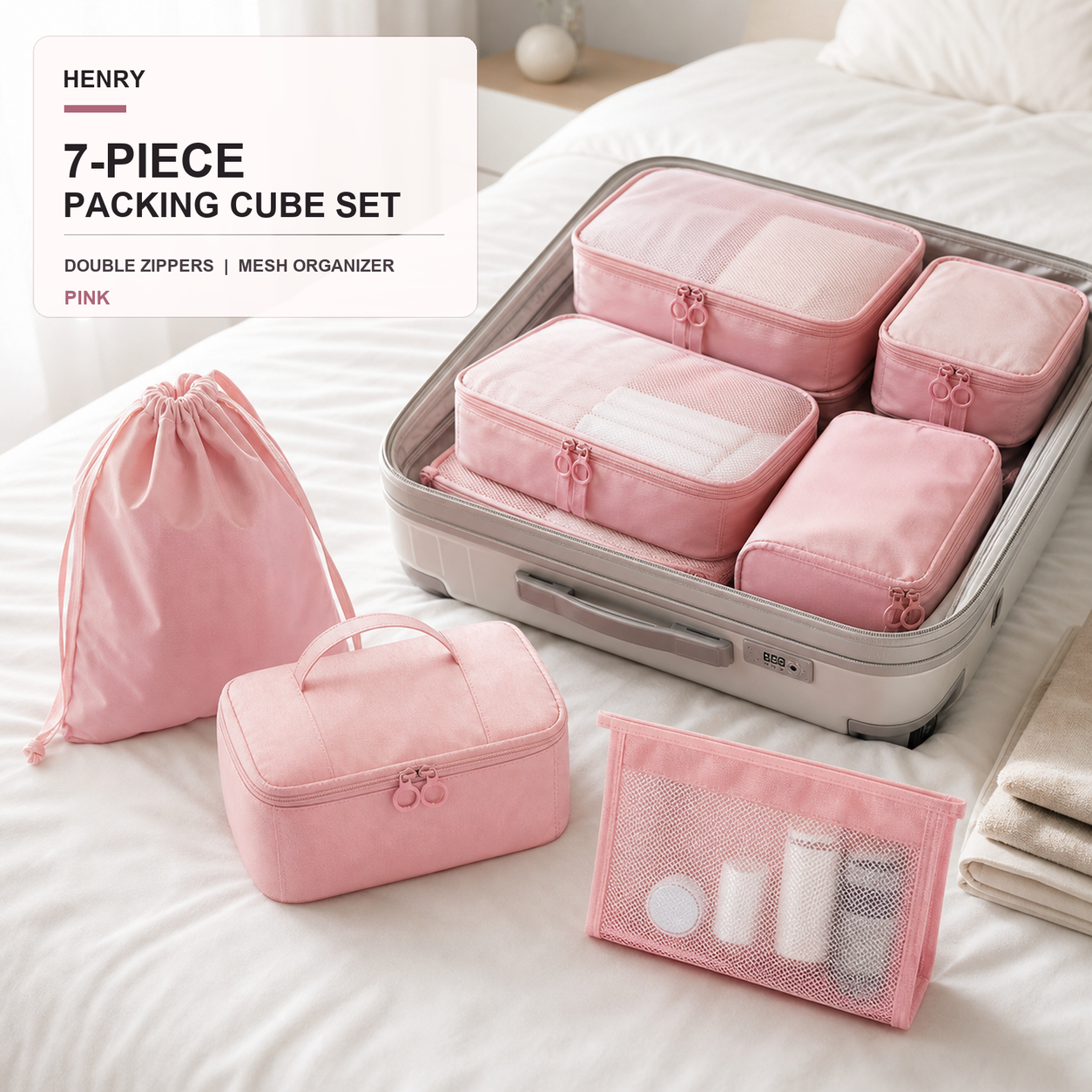 HENRY GOOD Custom Seven-Piece Packing Cube Set Pink seven-piece packing cube set arranged in an open suitcase for travel organization