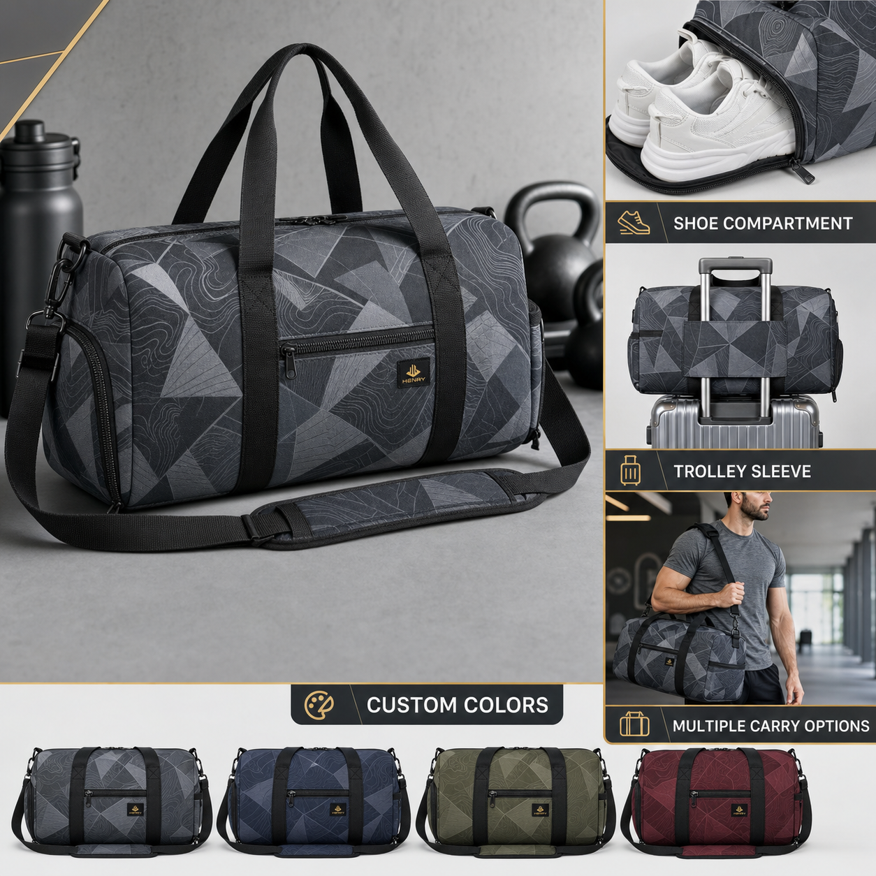 Custom slate gray gym duffel bag with shoe compartment, trolley sleeve, adjustable shoulder strap, and four custom color options