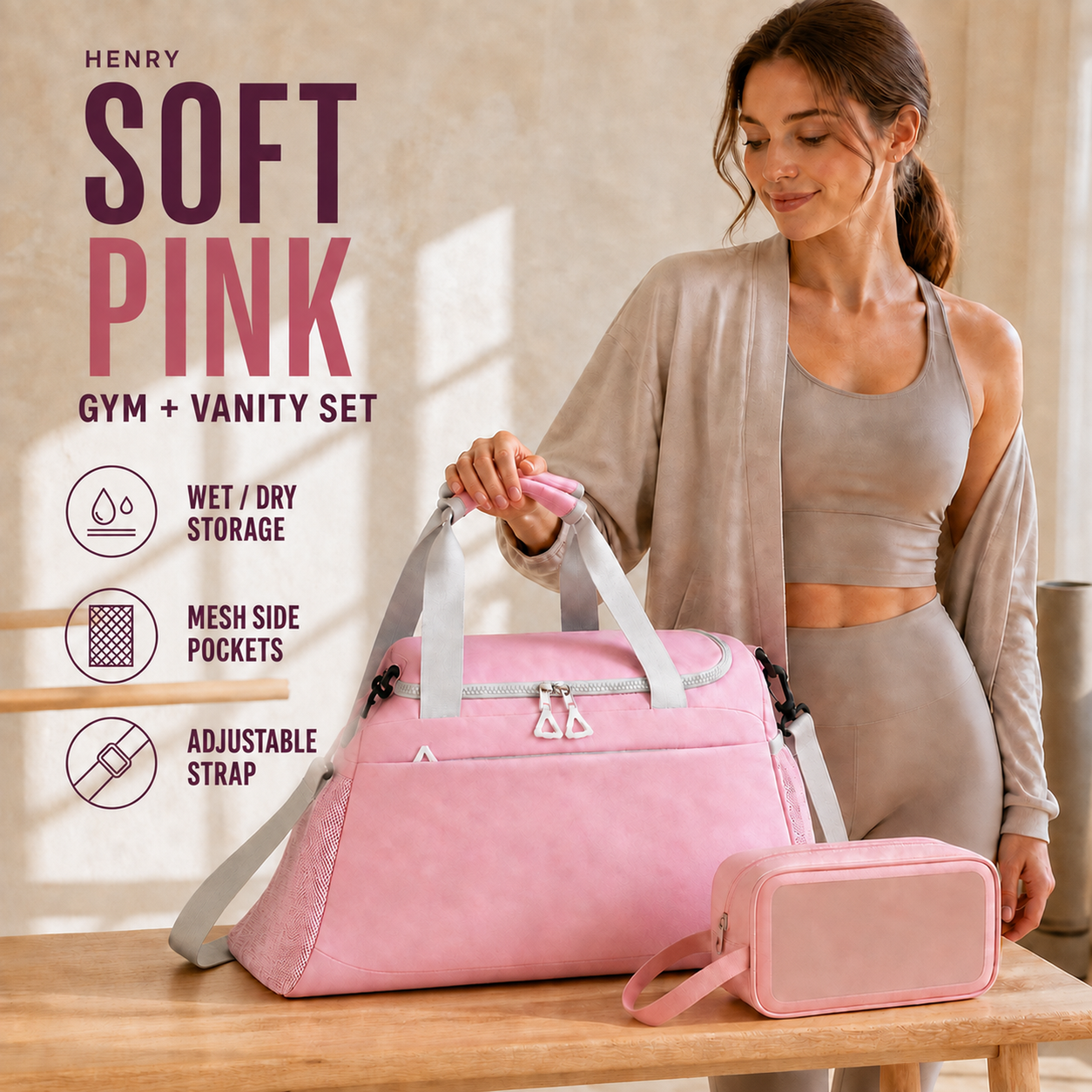Soft pink gym and travel duffel with matching vanity case, light grey and white straps, and pink mesh end panels