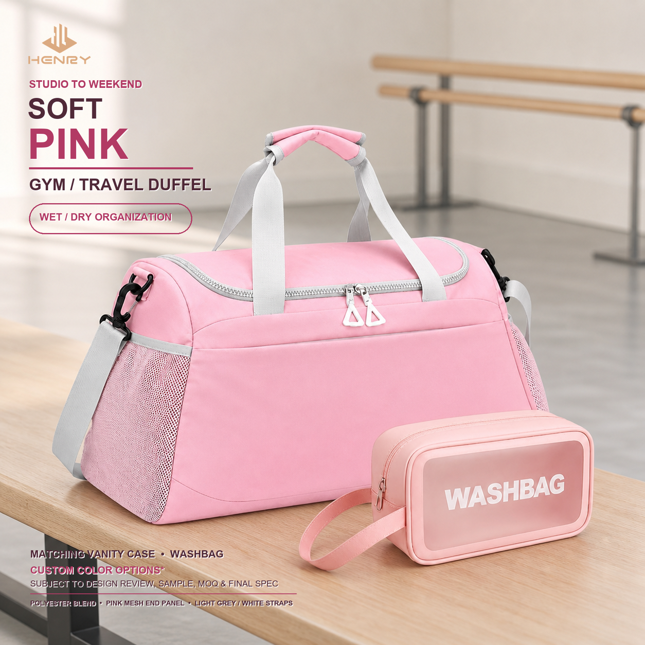 Soft pink gym and travel duffel with matching vanity case, light grey and white straps, and pink mesh end panels