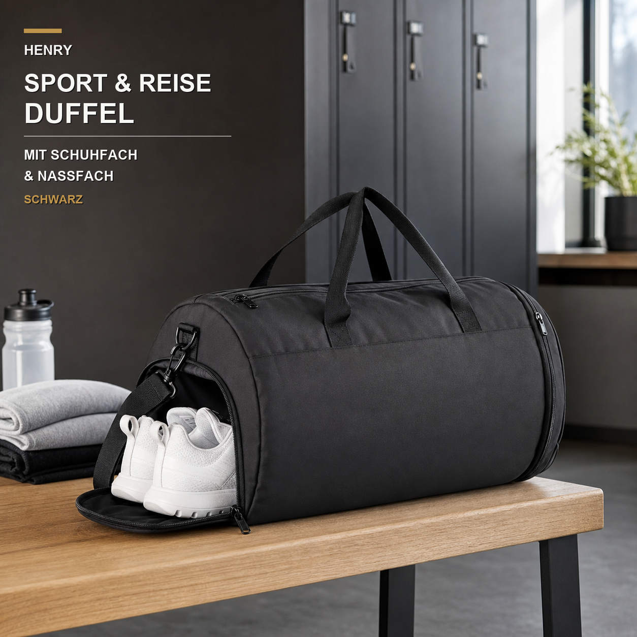 HENRY GOOD Custom Sports and Travel Duffel Black sports and travel duffel with a shoulder strap and open shoe compartment in a changing-room setting