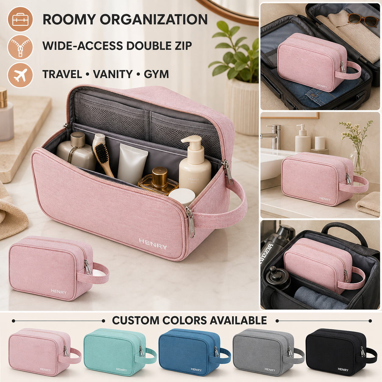 Custom pink travel toiletry organizer with wide double-zip opening, interior pockets, travel, vanity and gym scenes, and multiple color options