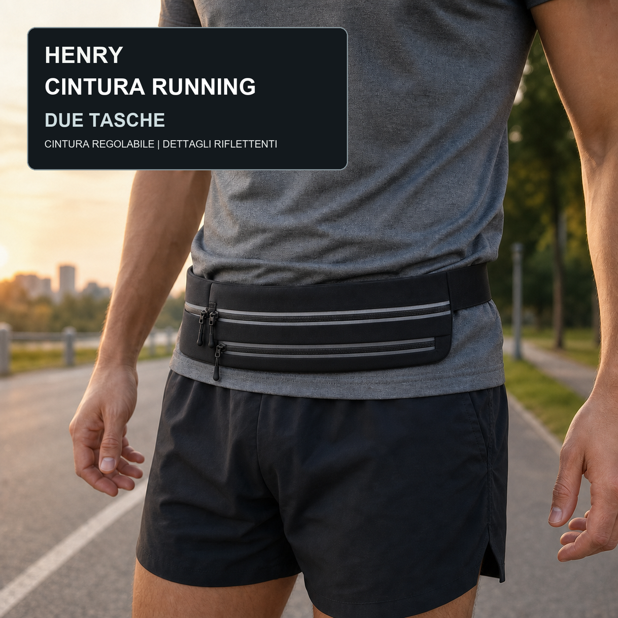 Black low-profile running waist belt with two front zip pockets and adjustable belt