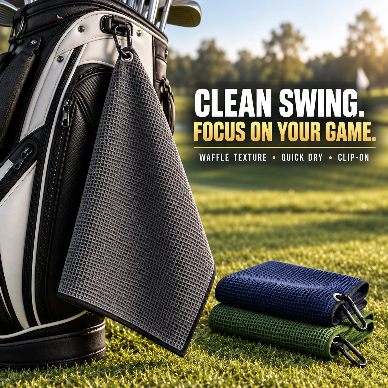 Grey waffle microfiber golf towel clipped to a golf bag with matching towels; Clean swing, focus on your game, with waffle texture, quick dry performance and clip-on convenience.