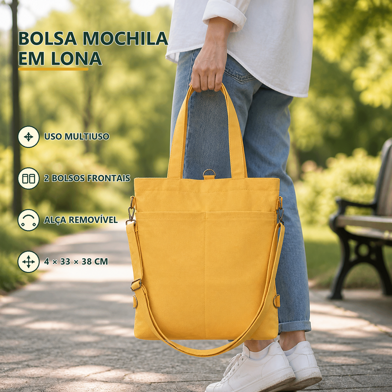 HENRY Custom Yellow Canvas Backpack Bag Yellow canvas backpack bag with two long top handles, a removable strap and two open front pockets