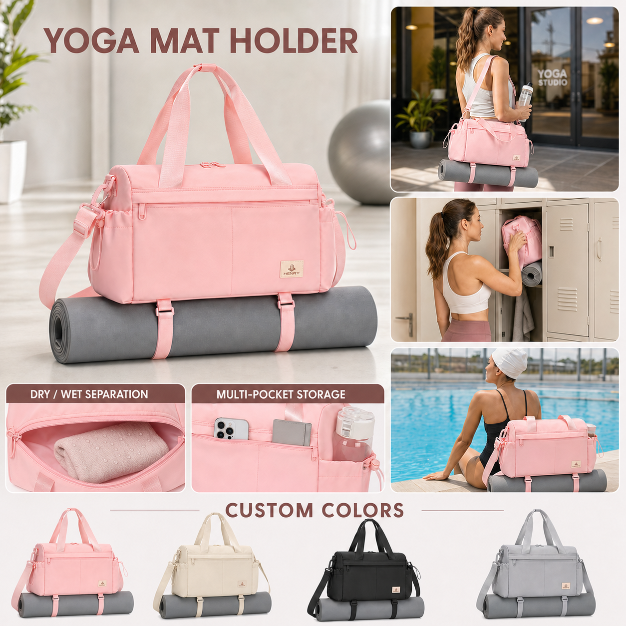 Pink custom yoga mat gym bag with wet pocket, multiple storage pockets and custom color options
