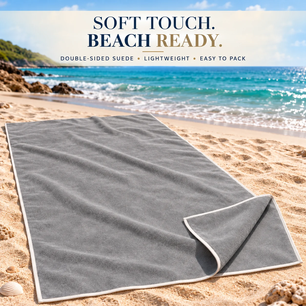 Large grey double-sided microfiber suede beach towel on sand; soft touch, beach ready, lightweight and easy to pack.