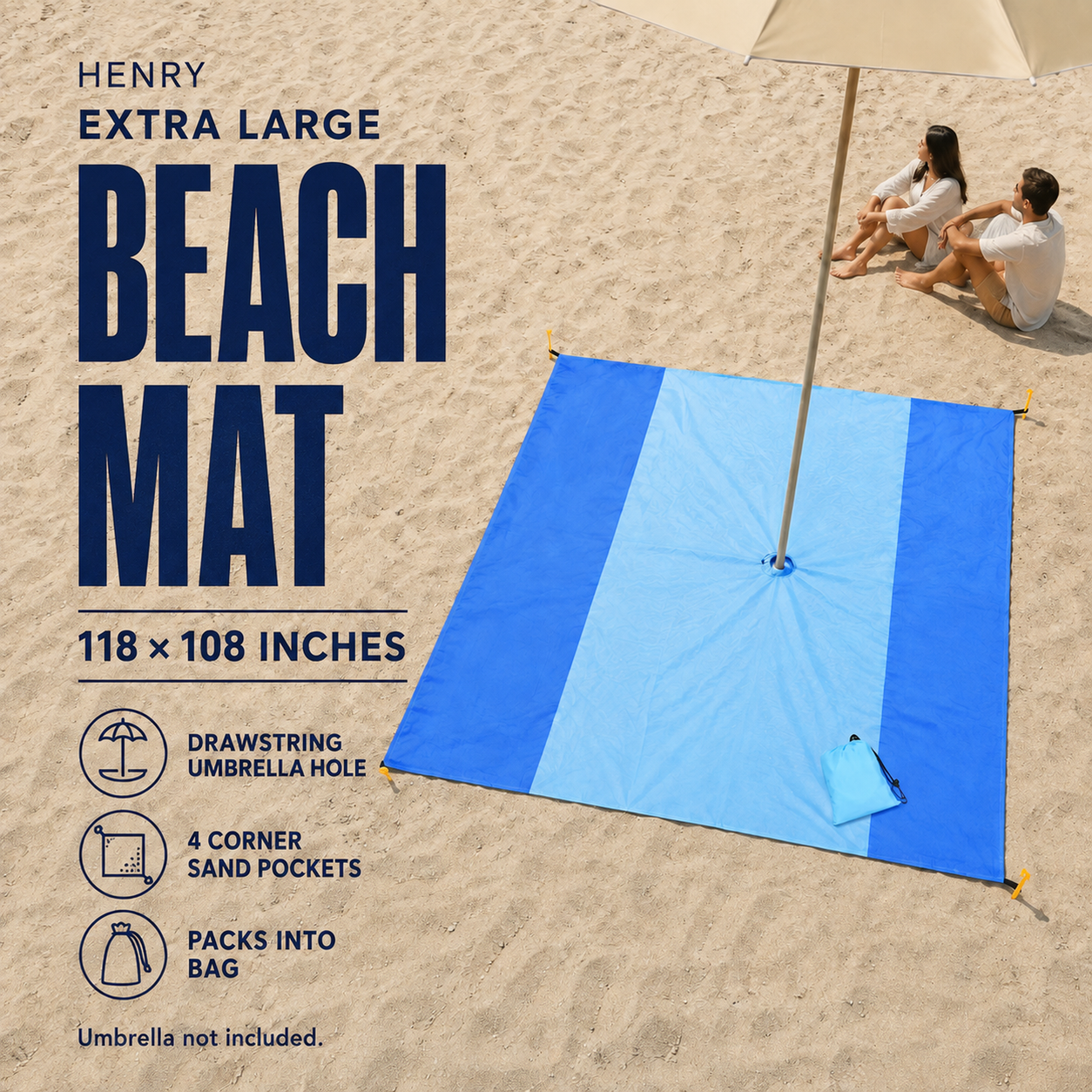 HENRY GOOD extra large blue beach mat with umbrella opening Extra large blue beach mat with a central drawstring umbrella opening, four yellow corner stakes and an attached bag