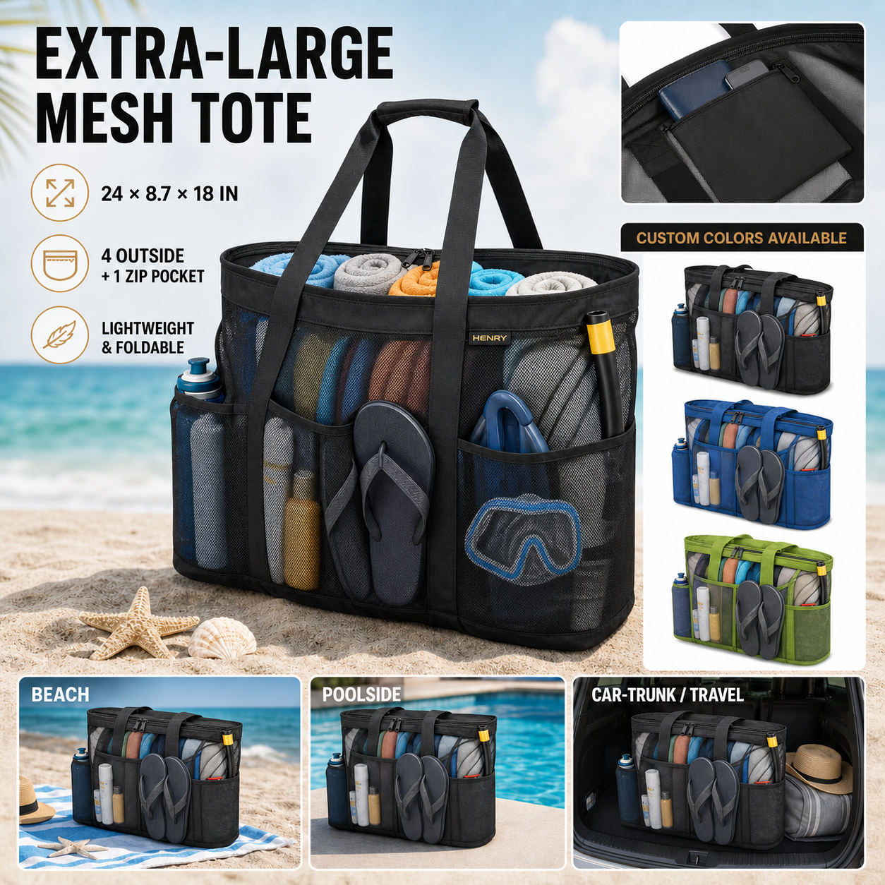 Custom extra-large black mesh beach tote with zipper, five pockets, three color options, and beach, pool, and travel scenes