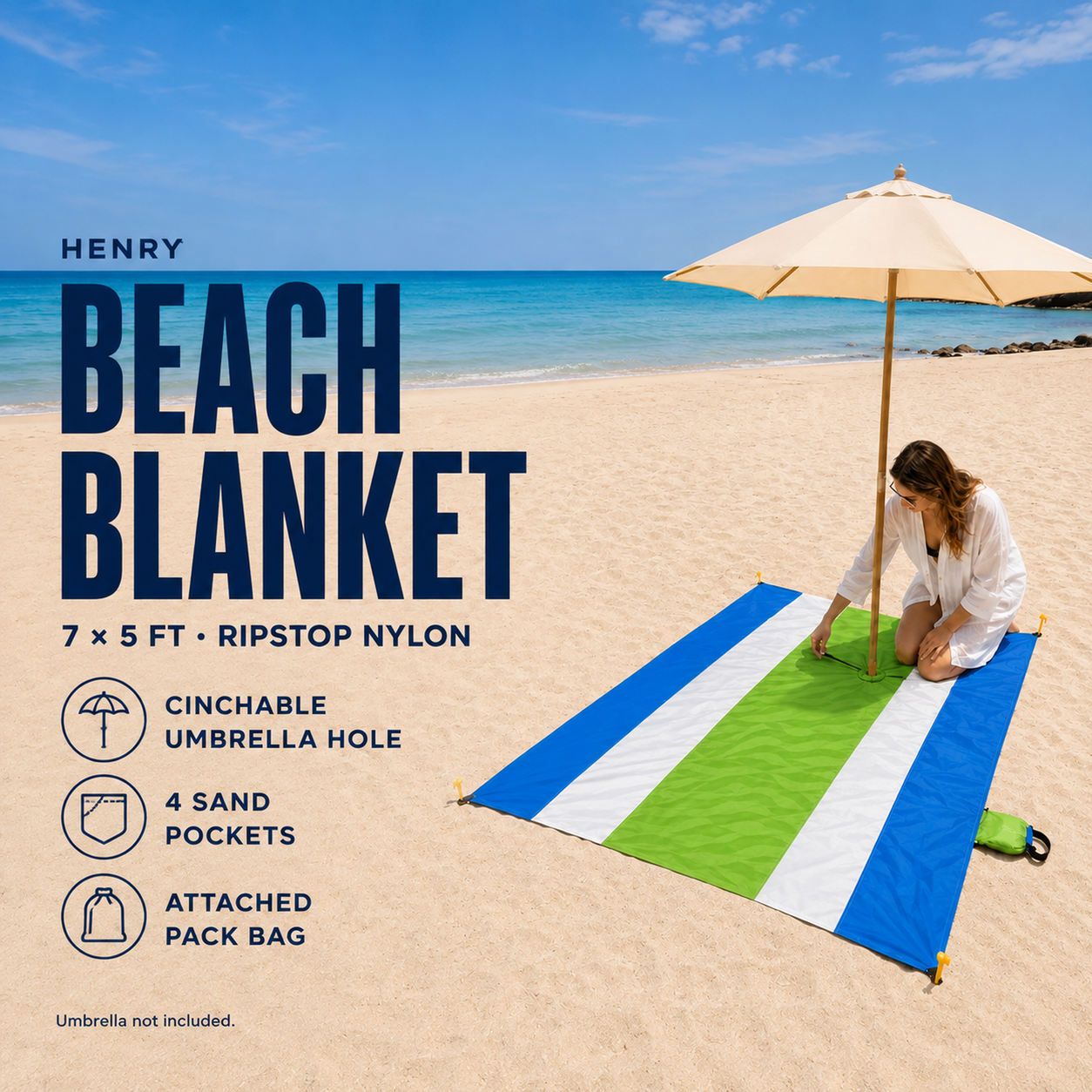 Blue, white and green nylon beach blanket with a central umbrella opening, four corner stakes and attached green bag