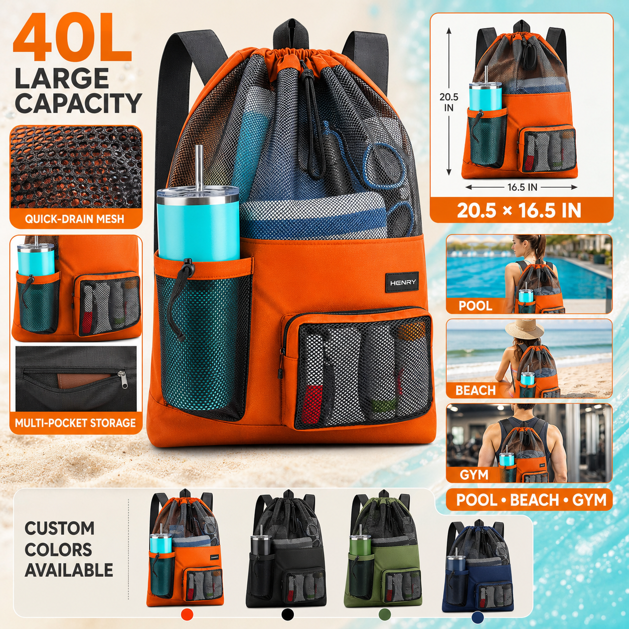 Custom 40L burnt orange and black mesh swim backpack with drawstring closure, organized pockets, and multiple color options