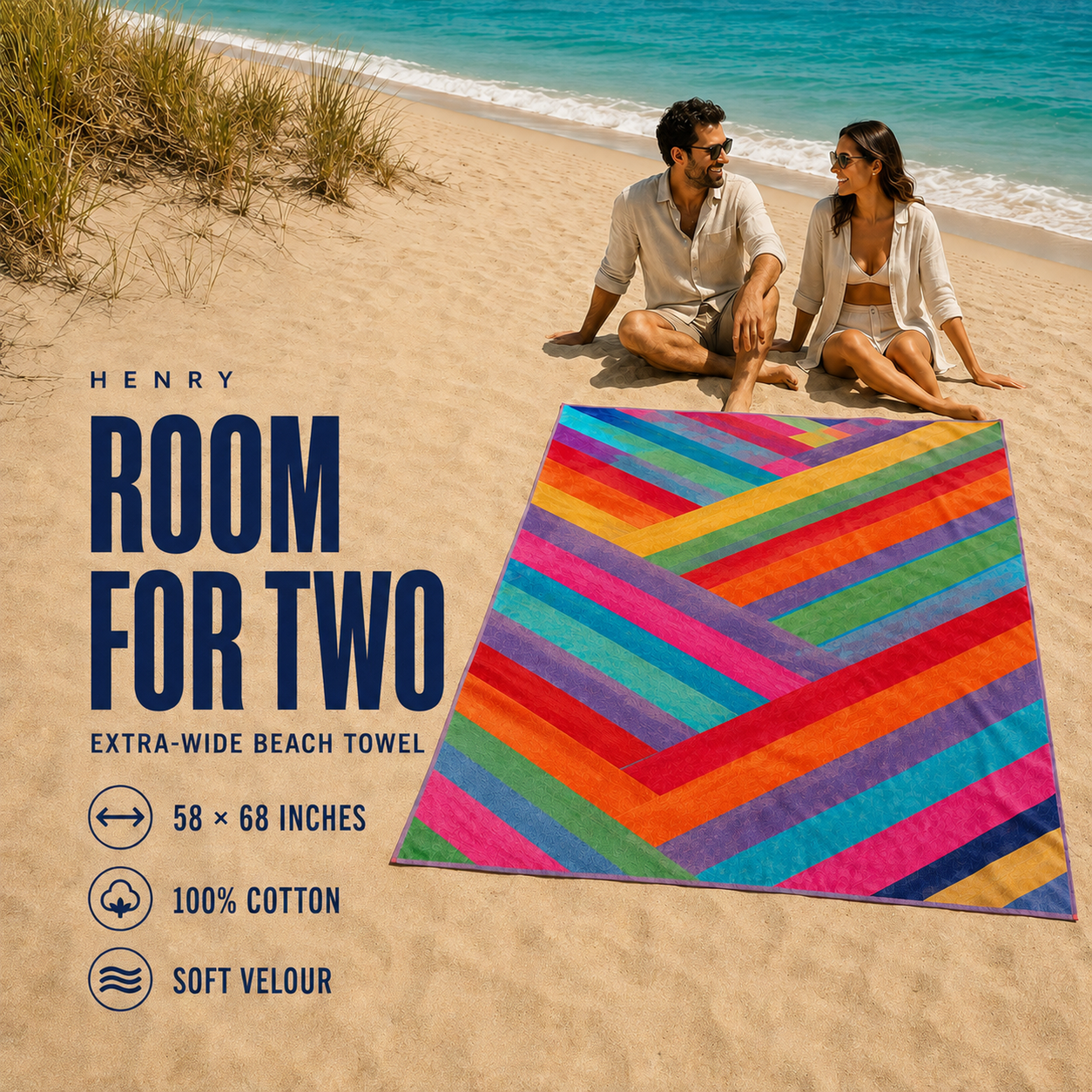 One extra-wide multicolor cotton velour beach towel with diagonal bands spread on the sand beside two adults