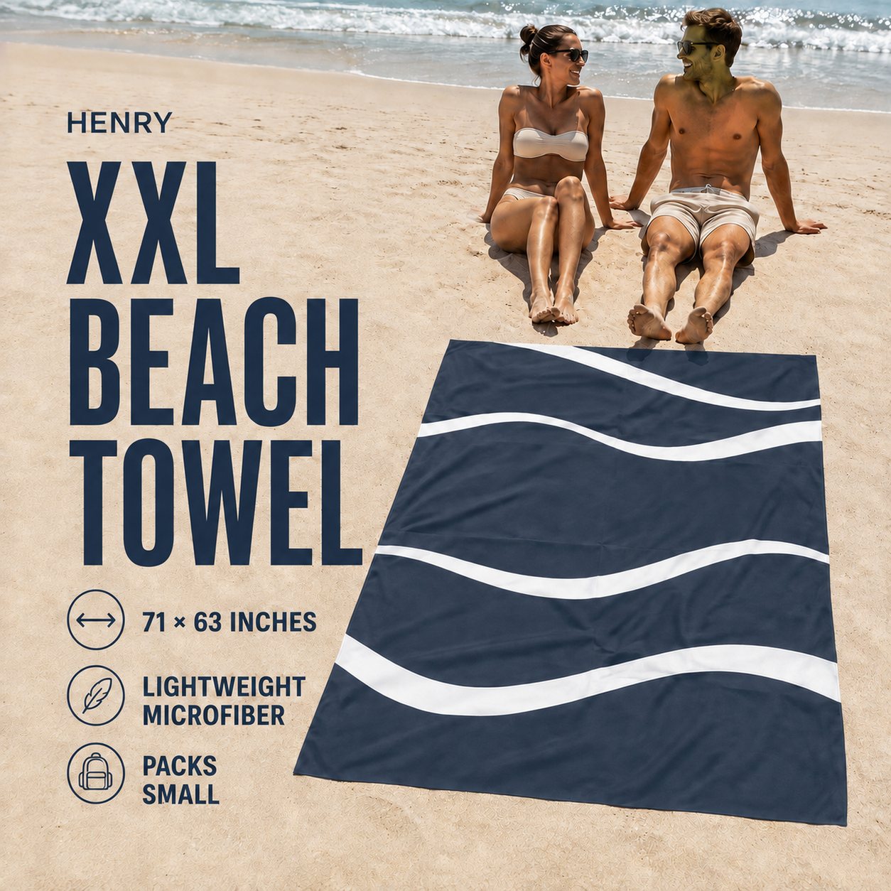 Navy and white wave microfiber beach towel displayed on sand with 71 x 63 inch reference dimensions