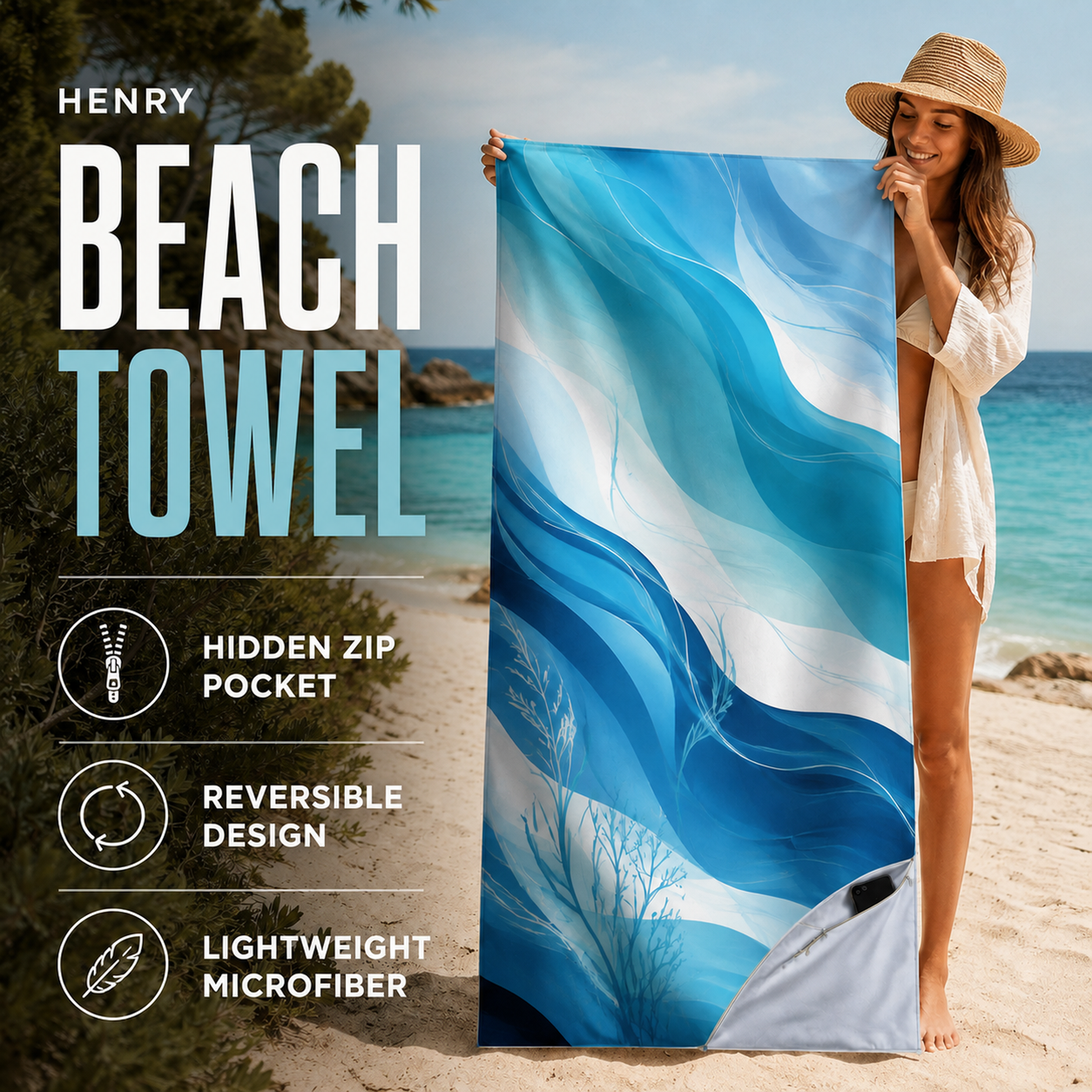Ocean-blue microfiber beach towel with flowing turquoise artwork, a light reverse and a diagonal corner zip pocket on the beach