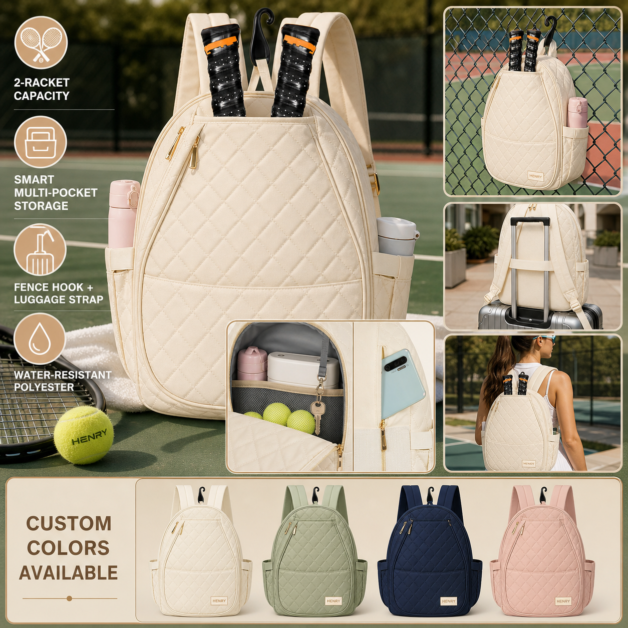 Custom cream quilted tennis racket backpack with two-racket capacity, storage pockets, fence hook, luggage sleeve, and color options