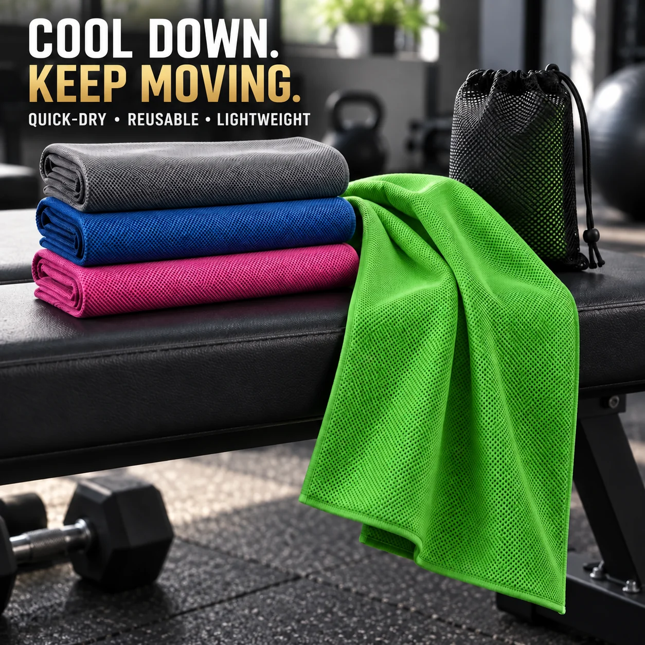 Grey, navy, pink and green reusable cooling sports towels in a gym; Cool down and keep moving with quick-dry, reusable and lightweight towels.