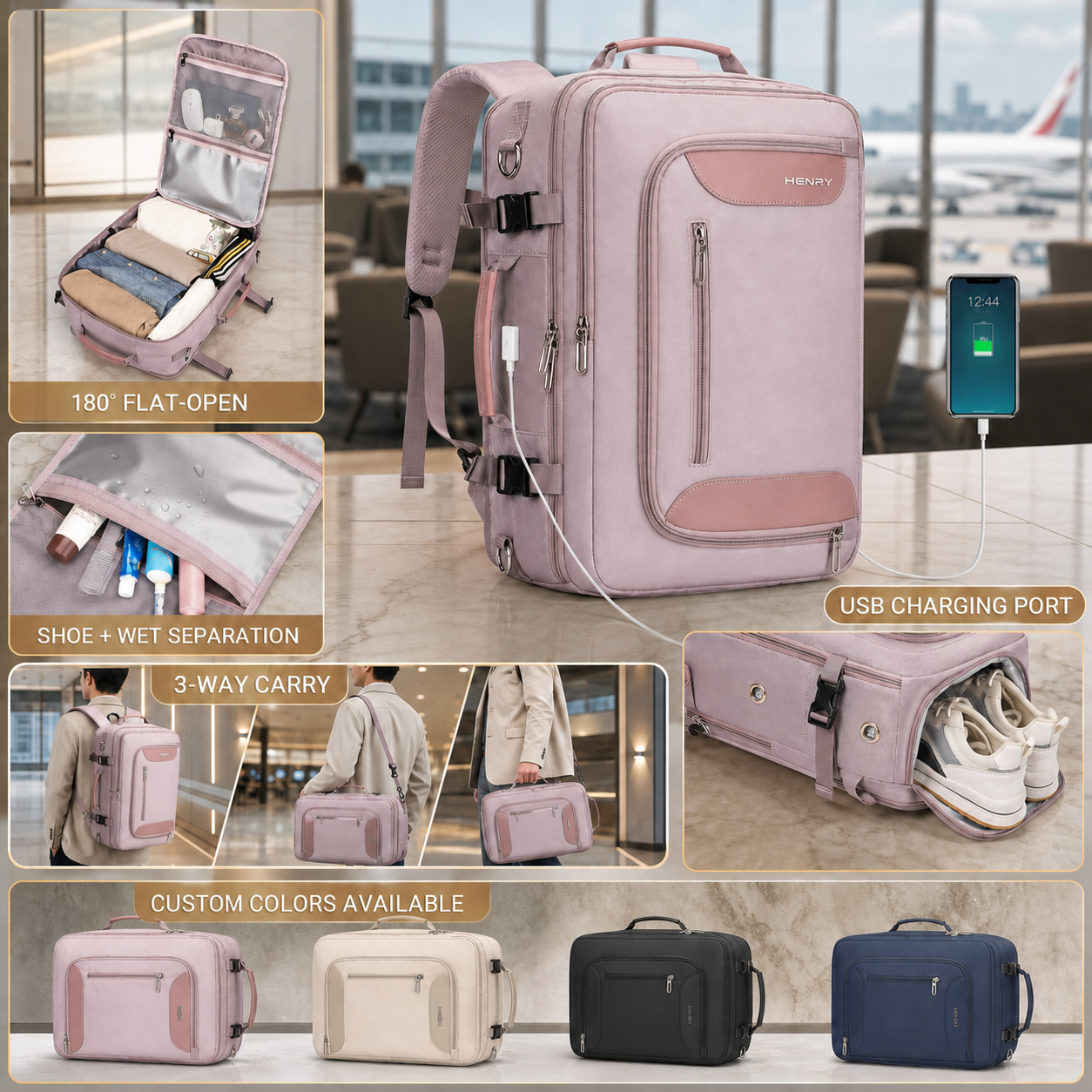Custom dusty rose 3-in-1 carry-on travel backpack with flat-open packing, shoe compartment, USB port, carry modes, and color options