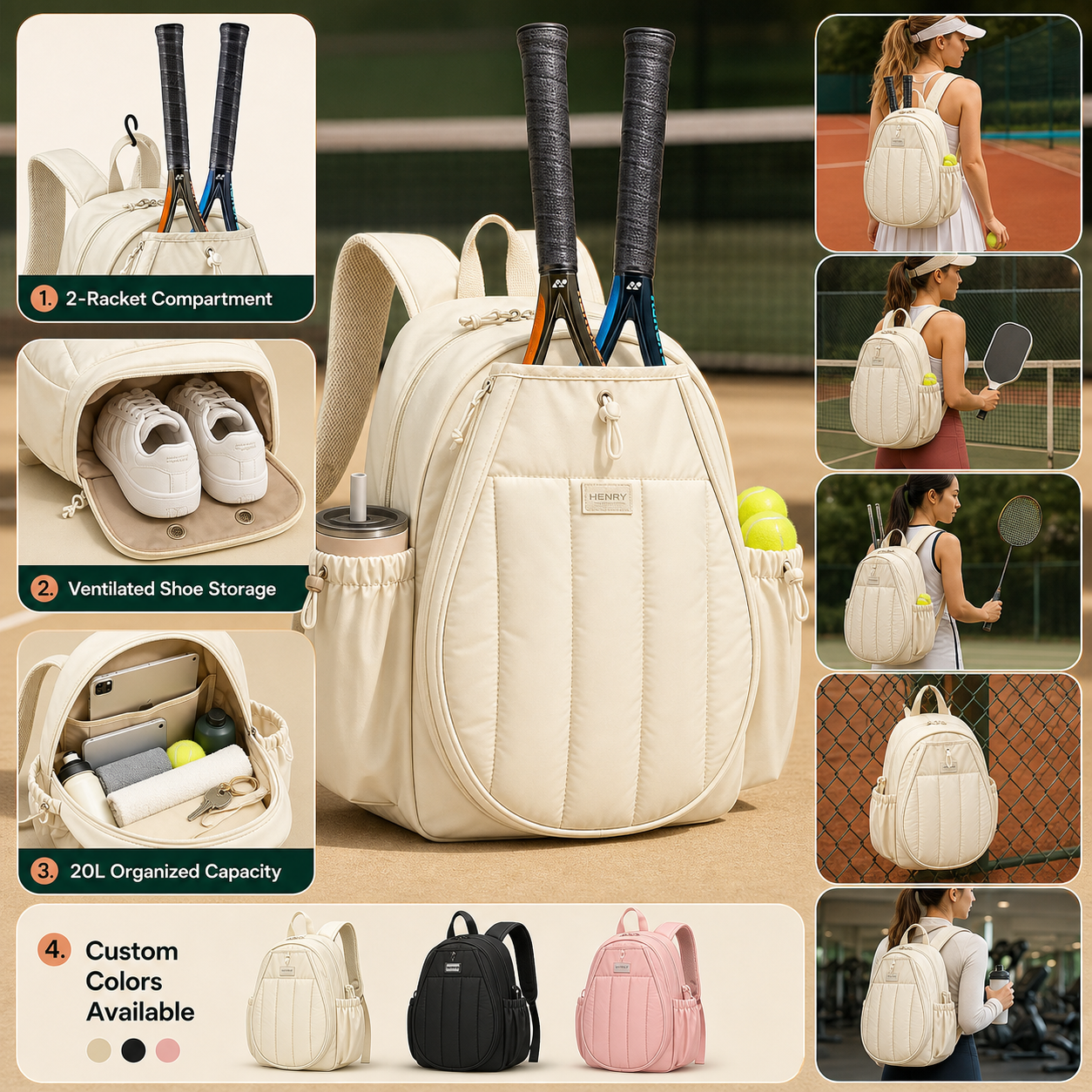 Custom HENRY women's tennis racket backpack with ventilated shoe storage, organized 20L capacity, court use scenes, and beige, black, and pink color options