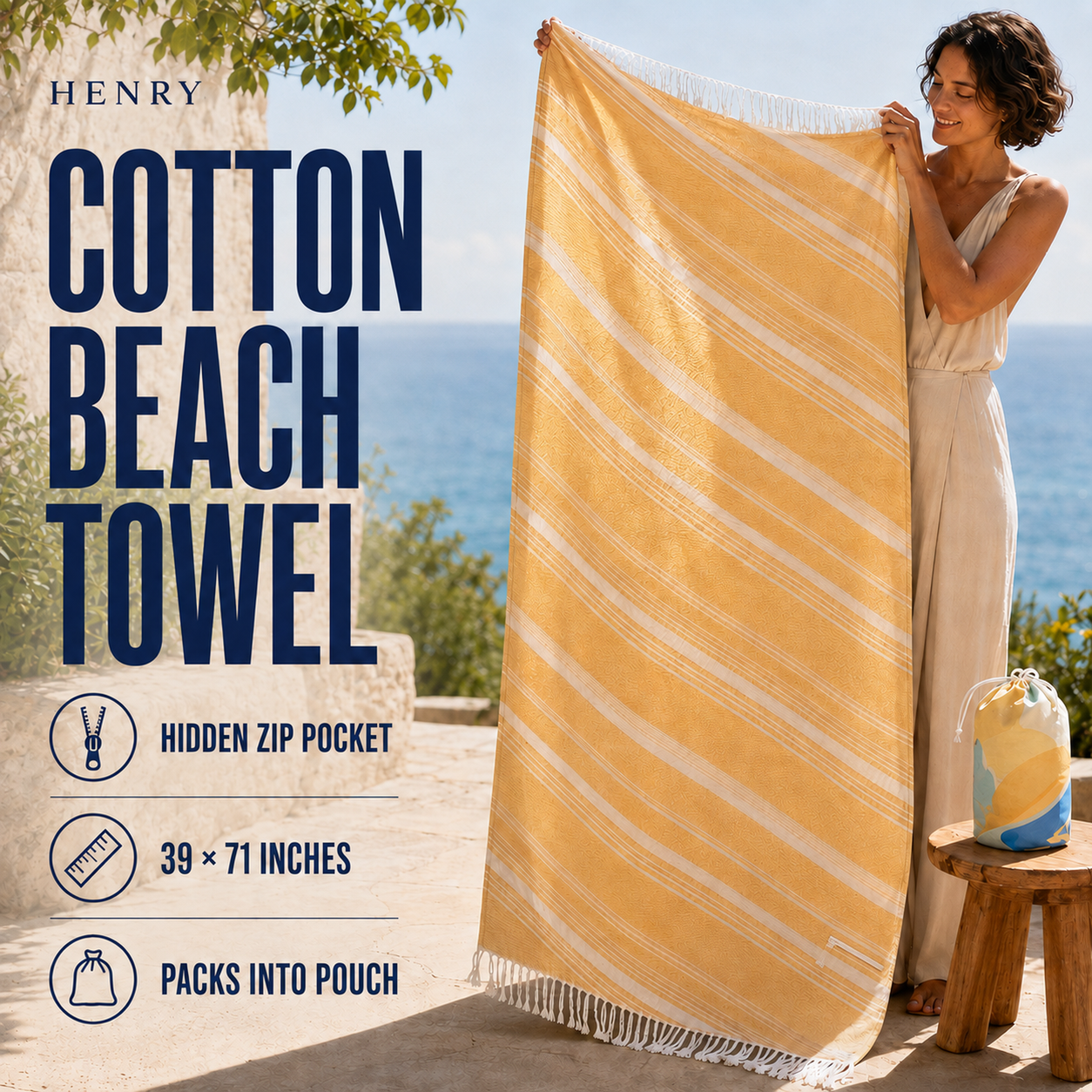 Yellow cotton pocket beach towel and matching drawstring pouch Yellow cotton beach towel with white diagonal artwork, fringed ends, a discreet corner zipper and a cylindrical drawstring pouch
